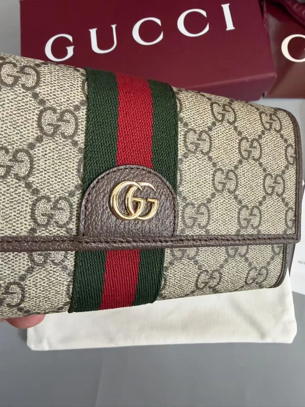 Gucci Beige GG Supreme Continental Wallet with Green and Red Web Stripe